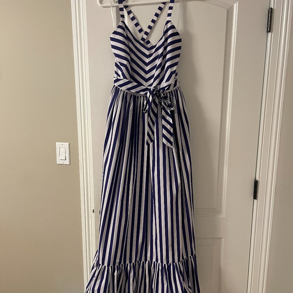 J. Crew  Striped Ruffle Maxi Dress - White/Blue - Size 6
